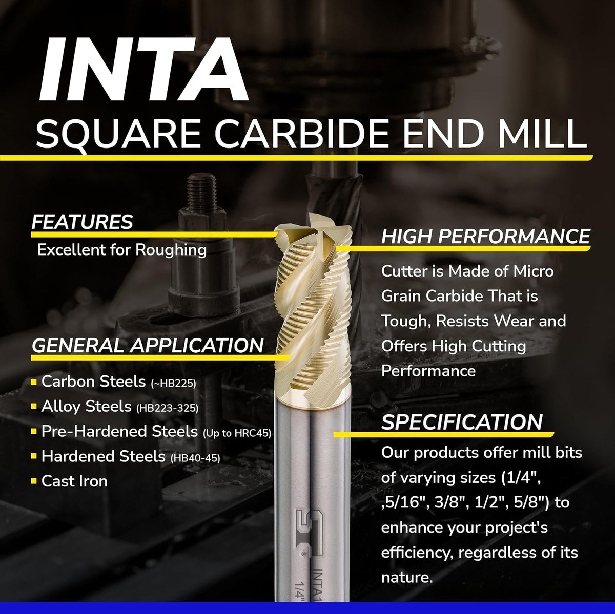 SPEED TIGER INTA Carbide Roughing End Mill - for Alloy Steels/Hardened Steels - Micro Grain Carbide End Mill - ZrN-A Coating - 4-Flute - INTA1/4-4 (1 Piece, 1/4")