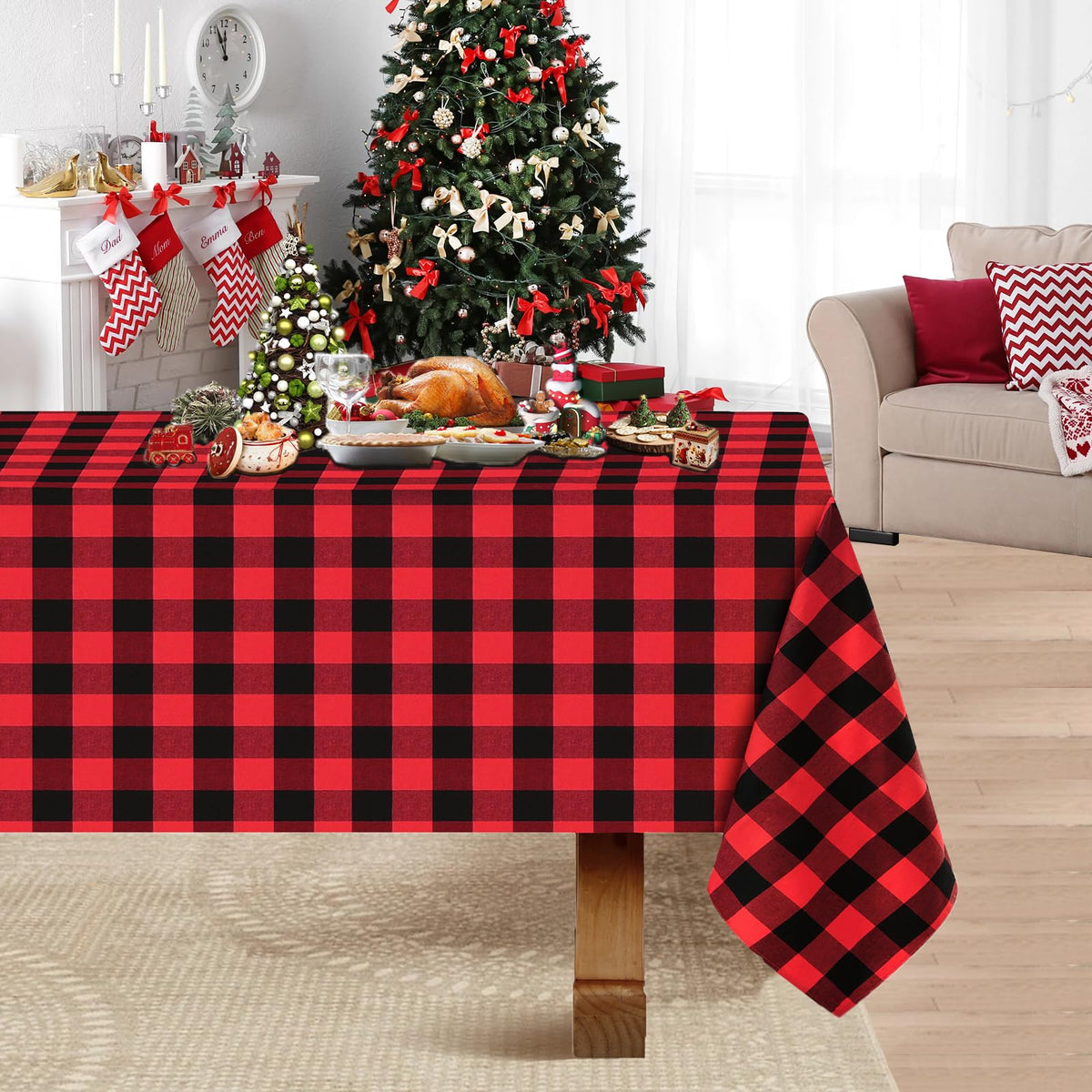 Christmas Tablecloth 56x84 Inches Black and Red Plaid Table Cloth Buffalo Checkered Tablecloth for Xmas Party