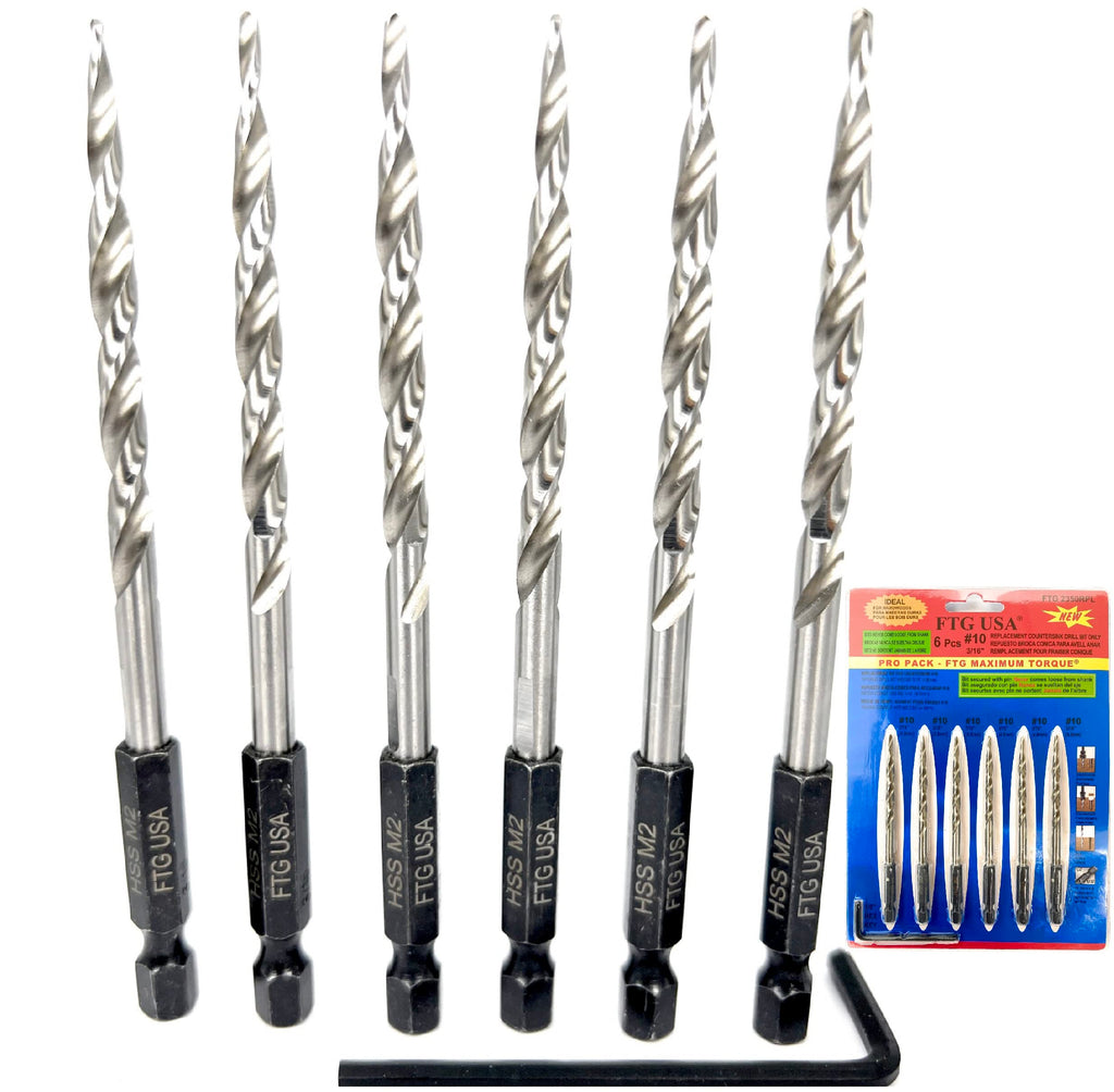 FTG USA 6 Pc #10(3/16") Replacement Tapered Countersink Drill Bit Hex Shank