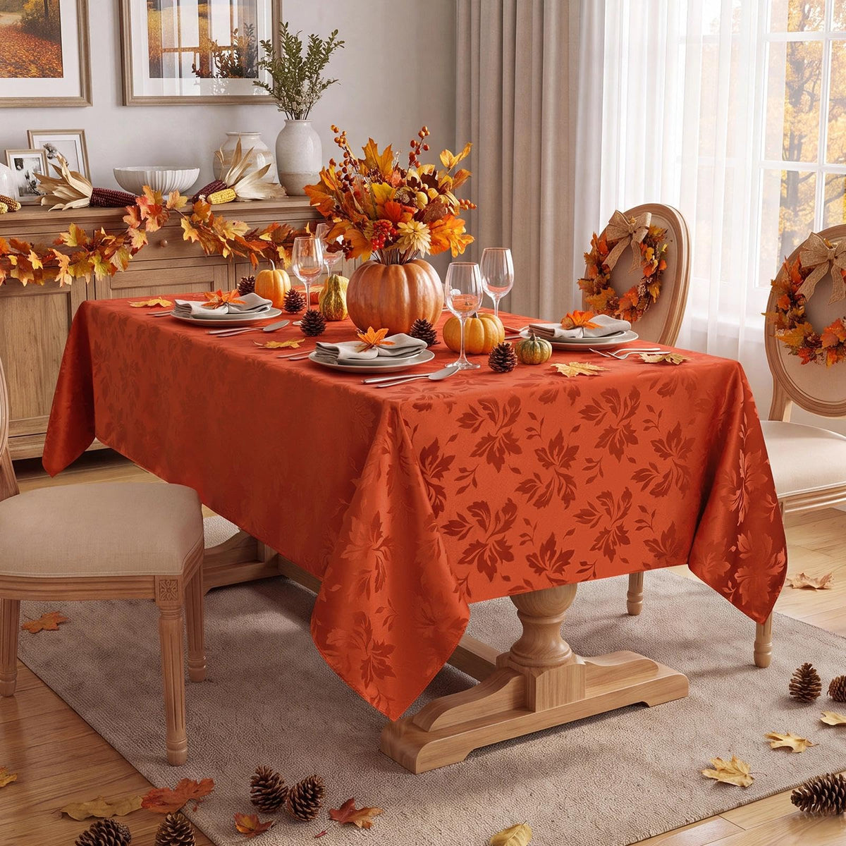 Fall Jacquard Rectangle Tablecloth, Thanksgiving Dining Decor