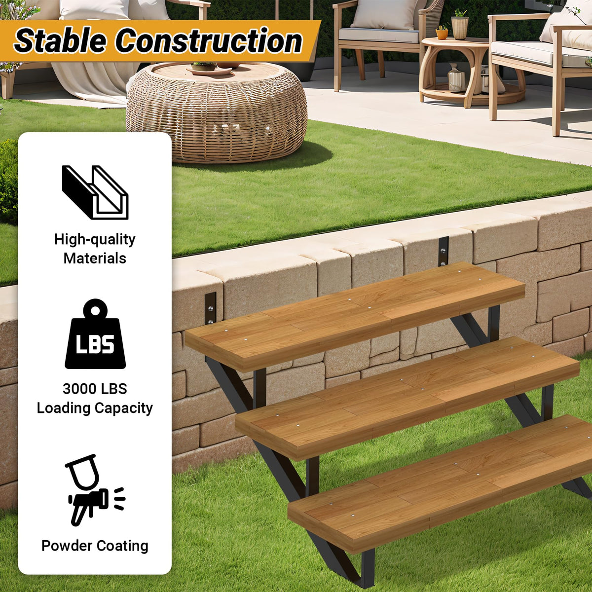 Steel Stair Riser-2 Pack, 3 Step Stringers for Deck, Sturdy Steel Stringer for Outdoor Steps