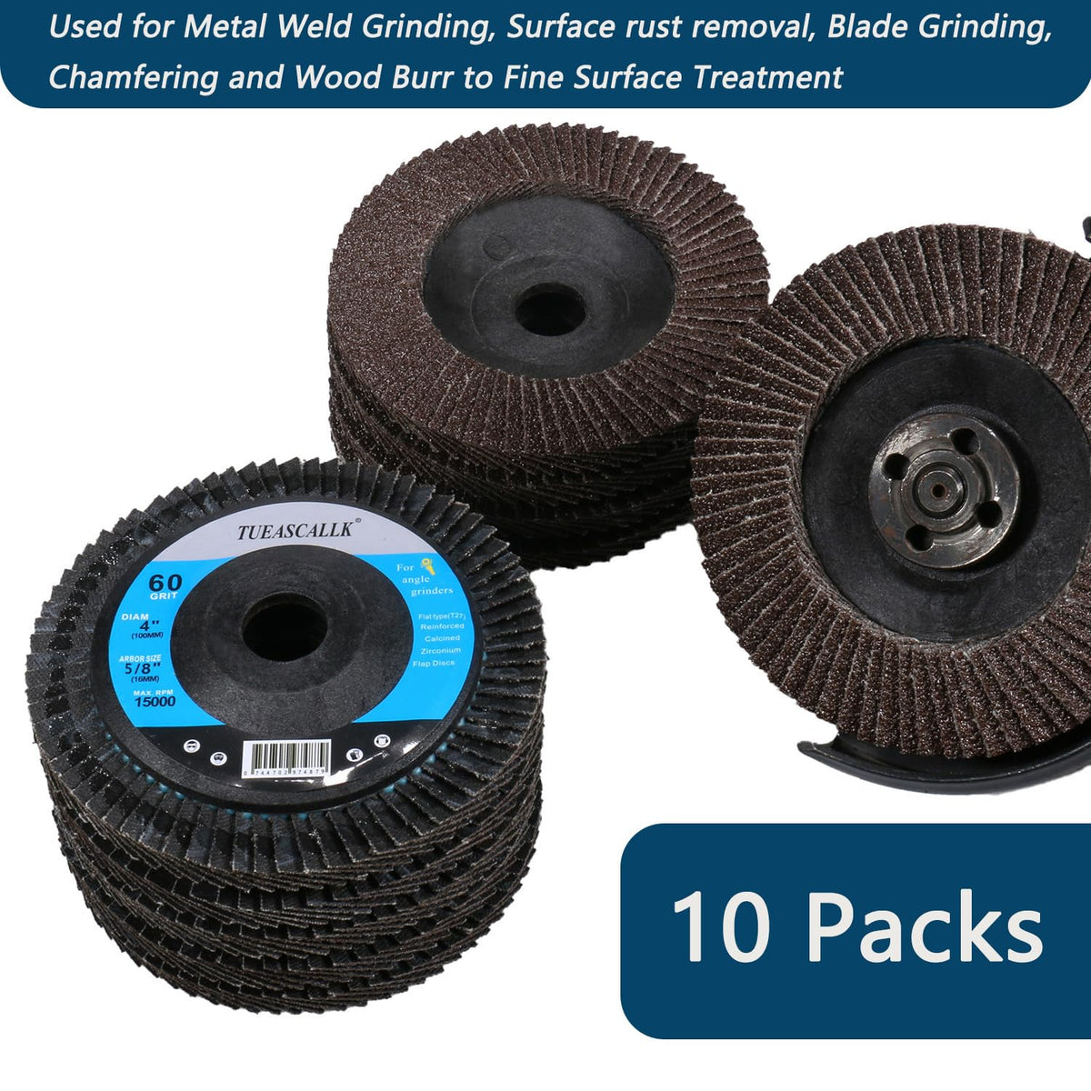 10 Packs 60 Grit Flap Discs for Angle Grinders, 4" x 5/8" Grinding Wheel