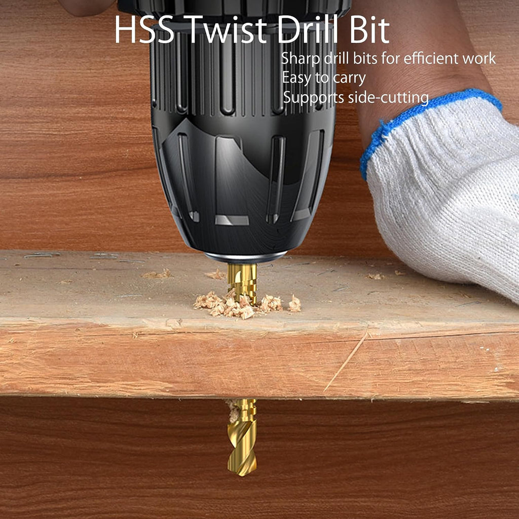 5Pcs Titanium Coated HSS Twist Drill Bit Set, 1/8"-5/16" Wood Drill Bits with Hex Shank, Serrated Cutting Wood Drilling Set Woodworking Hinge Cutter Tool Kit for Wood Plastic Plywood Thin Metal