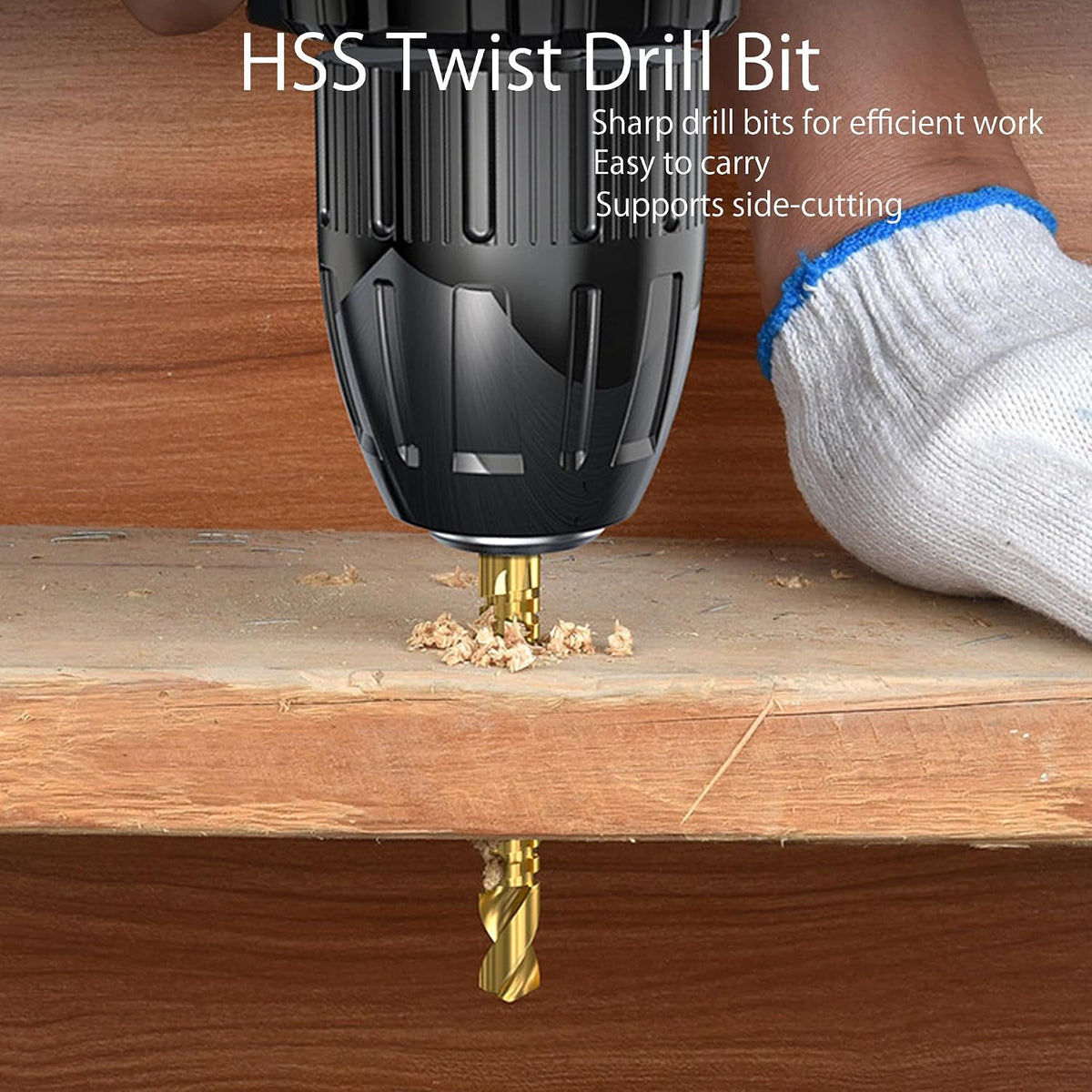 5Pcs Titanium Coated HSS Twist Drill Bit Set, 1/8"-5/16" Wood Drill Bits with Hex Shank, Serrated Cutting Wood Drilling Set Woodworking Hinge Cutter Tool Kit for Wood Plastic Plywood Thin Metal