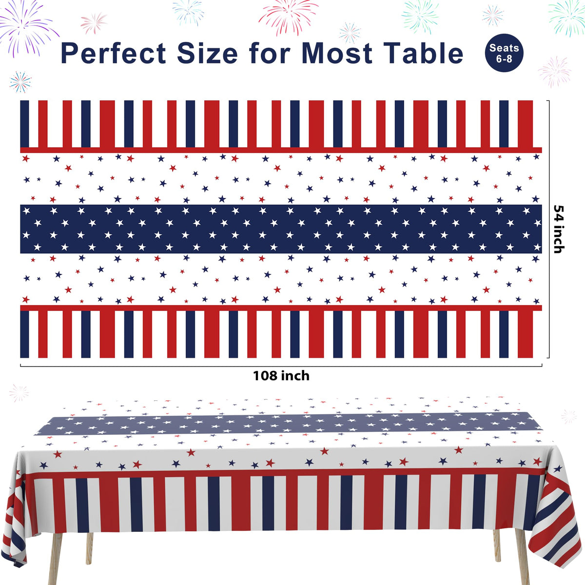 Patriotic 4th of July Plastic Tablecloth, Rectangle, 3 Pack