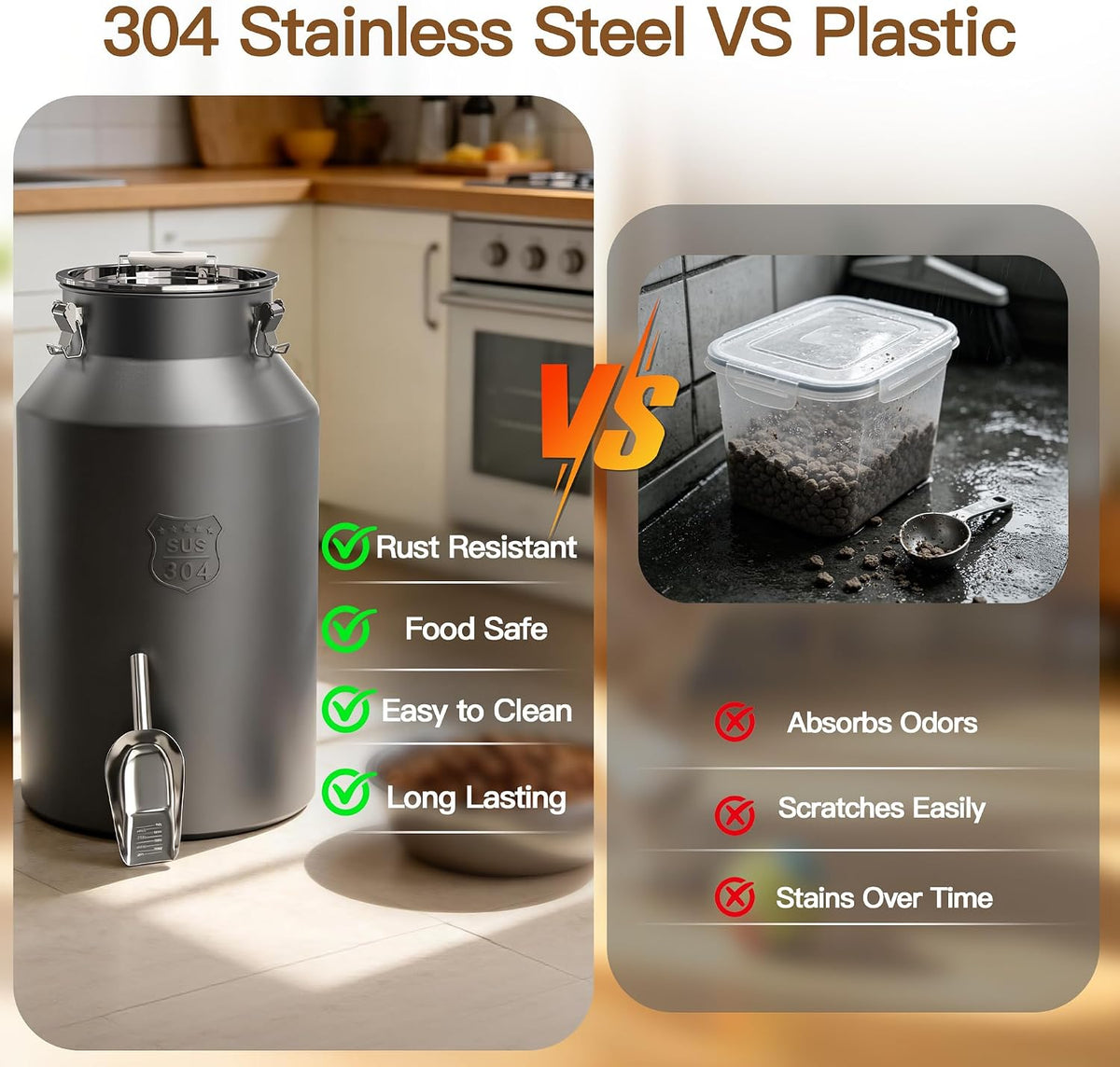 Stainless Steel Dog Food Storage Container 45 lb with Scoop & Lid