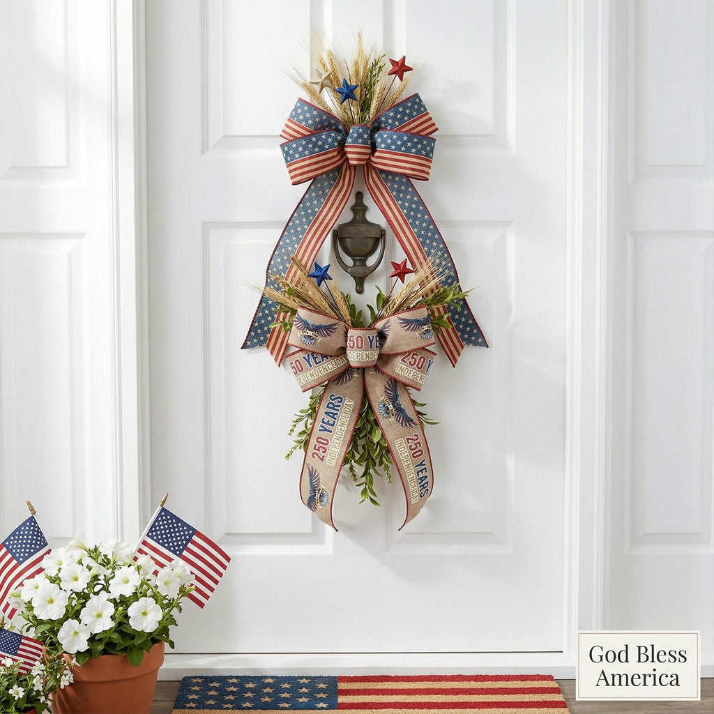2 Rolls USA 250th Anniversary Ribbons for Wreath Bows Gifts, Red Blue Star Burlap Ribbons Patriotic Ribbon 4th of