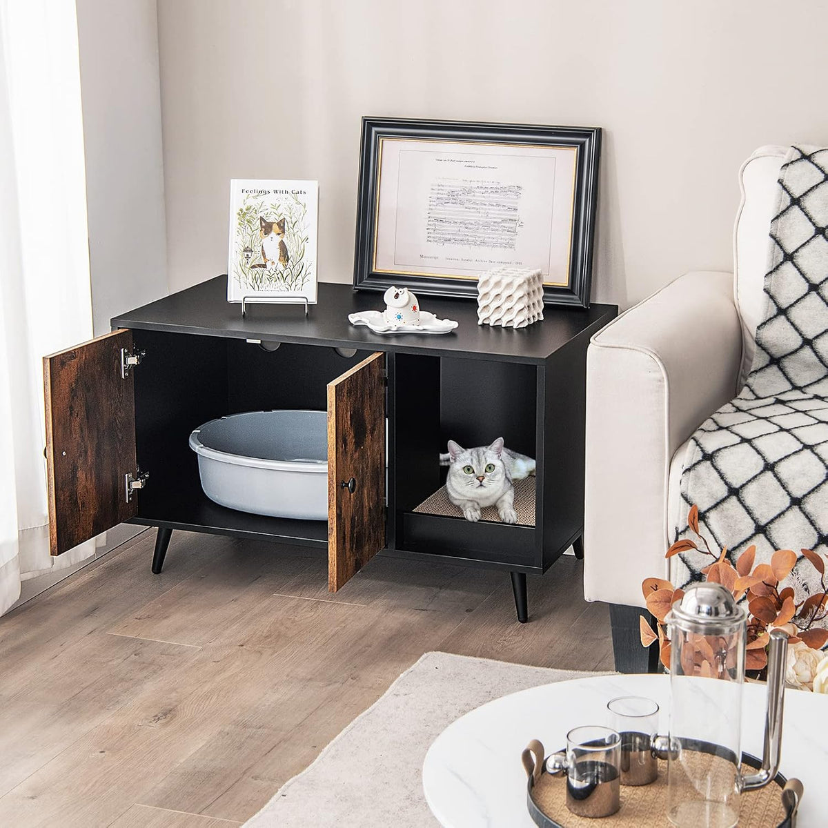 Litter Box Enclosure, Wooden Hidden Litter Box Furniture with Cabinet & Scratching Pad, Stackable Cat Washroom Pet