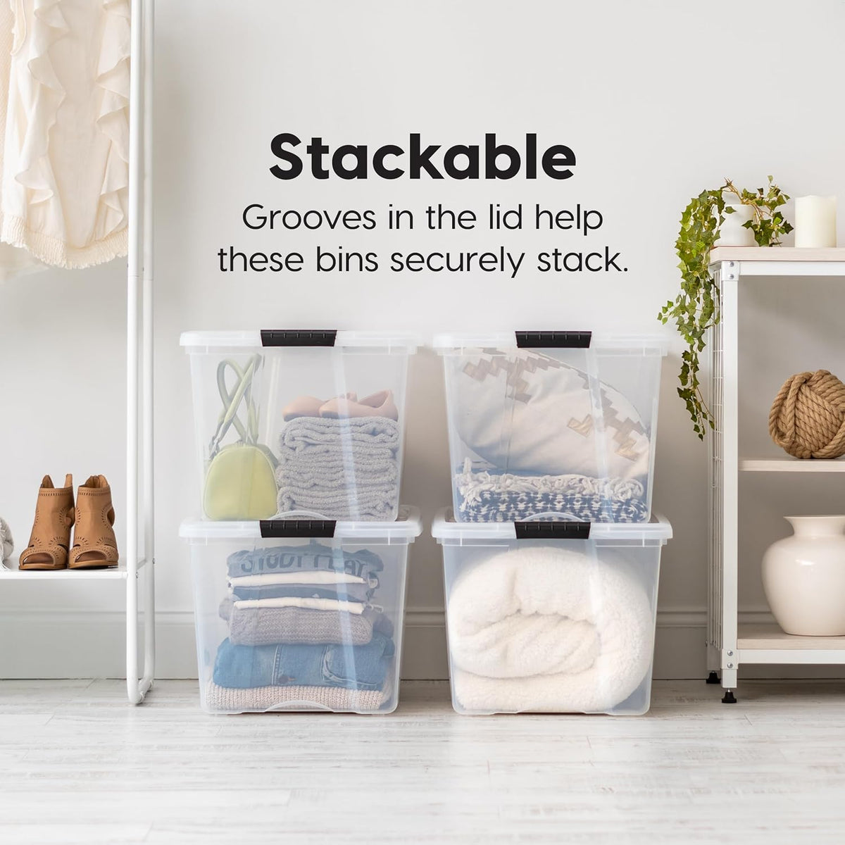 72 Qt Stackable Plastic Storage Bins with Lids, 6 Pack - BPA-Free, Made in USA - See-Through Organizing Solution