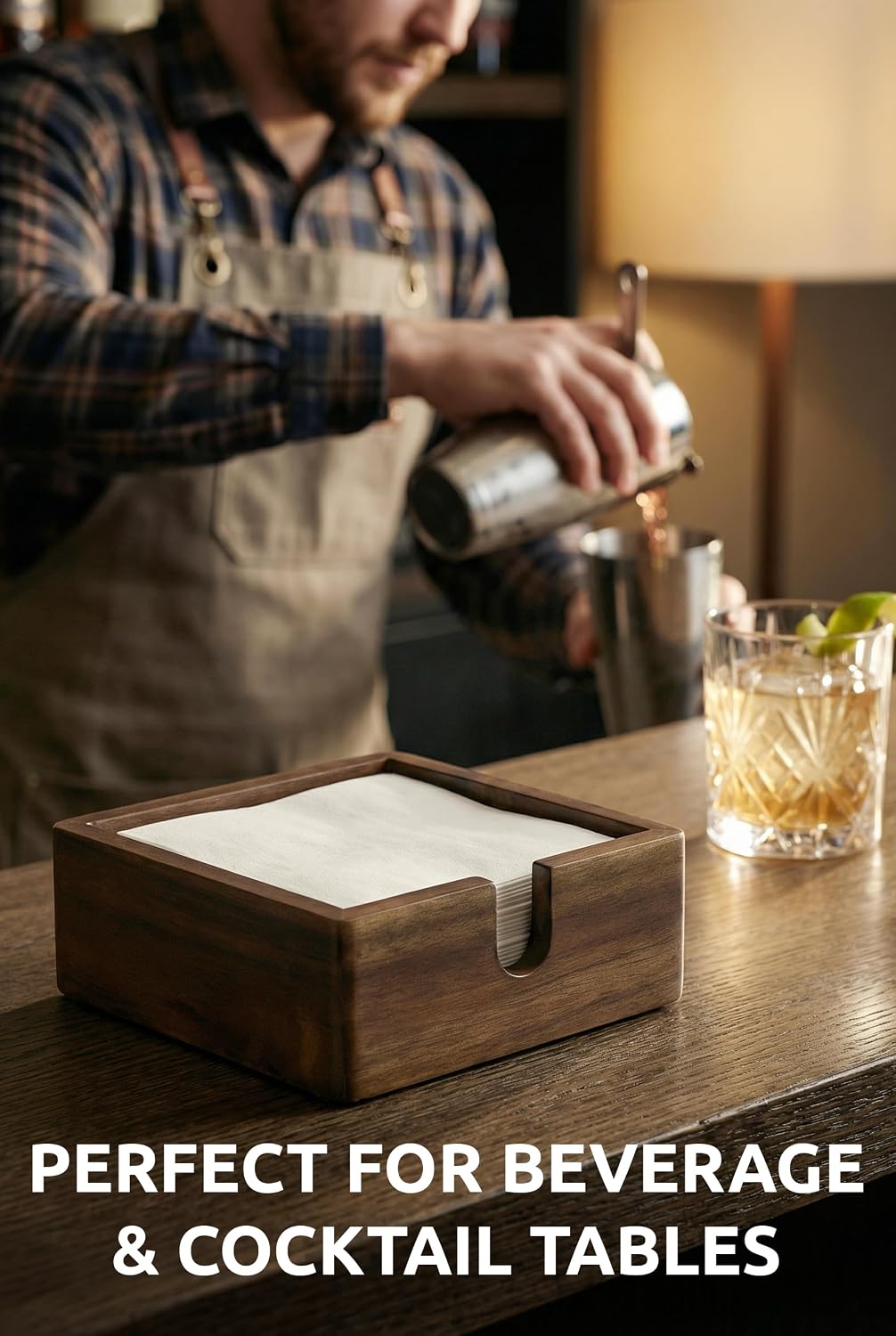 Acacia Wood Cocktail Napkin Holder 5.4 in, Square Bar Napkin Tray