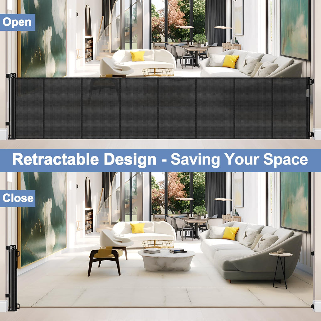 200" 16.7ft Extra-Wide Retractable Indoor/Outdoor Mesh Pet & Child Safety Gate with One-Hand Safety Lock for Wide Openings, Patios & Stairways