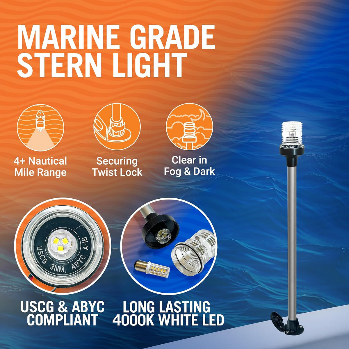 Boat Anchor Light Pole, 17" LED Stern Light, Tested to USCG Standards