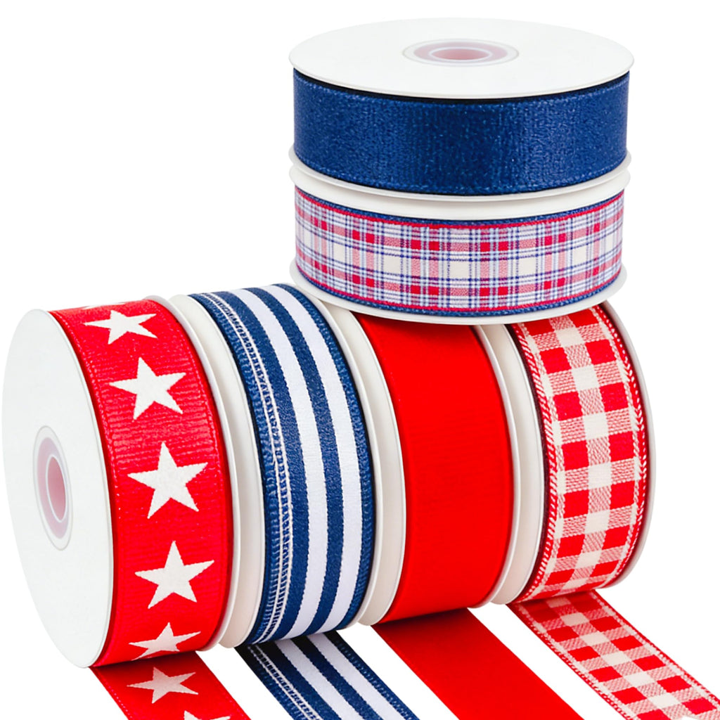 1.5" Patriotic Wired Ribbon, 30 Yards Total - Stars, Stripes & Plaid Red White Blue Fabric Ribbons for 4th of July
