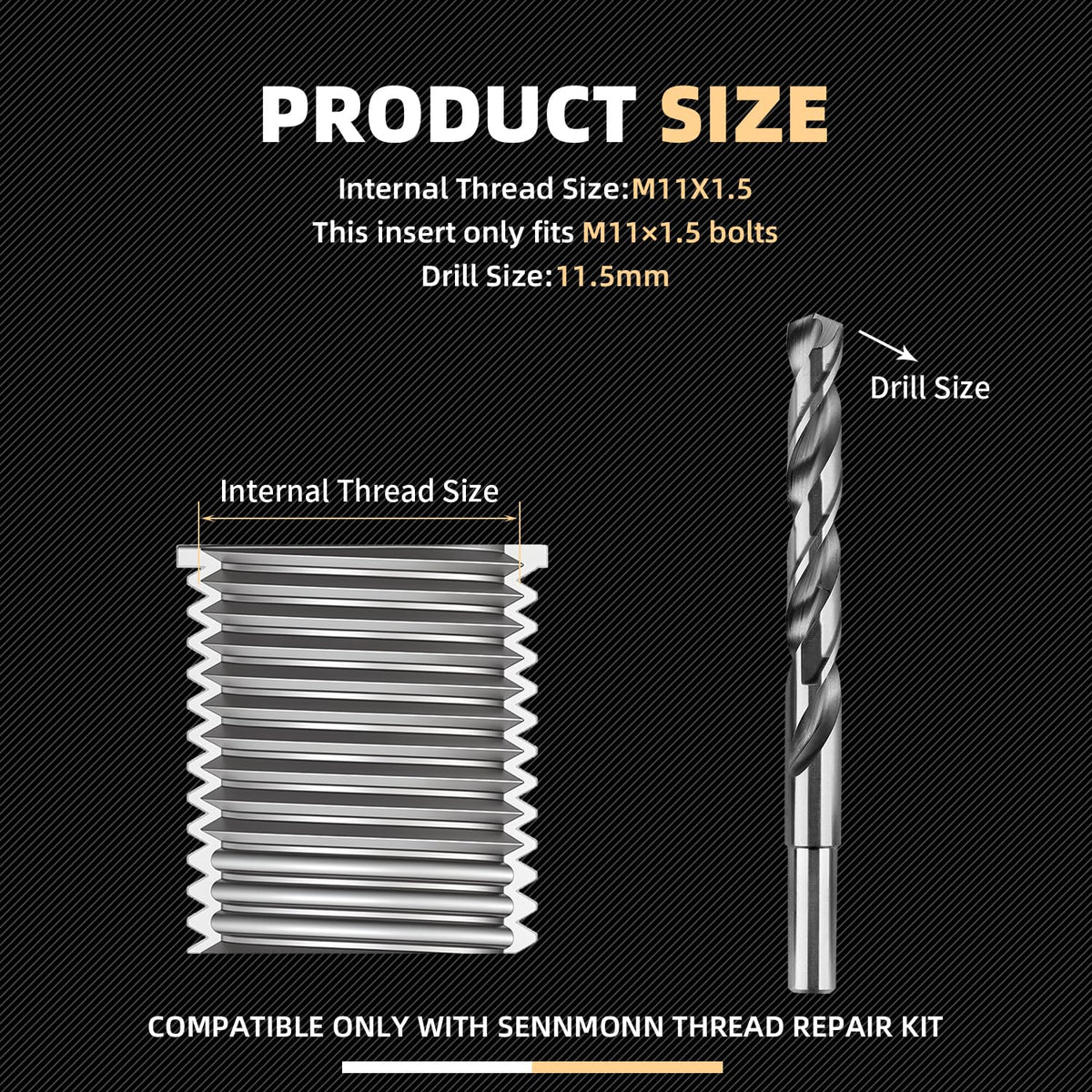 SENNMONN M11x1.5 Metric Thread Repair Kit with HSS Drill & Tap, Counterbore, Installation Driver, 10PCS M11X1.5X30MM 304 Stainless Steel Solid Inserts