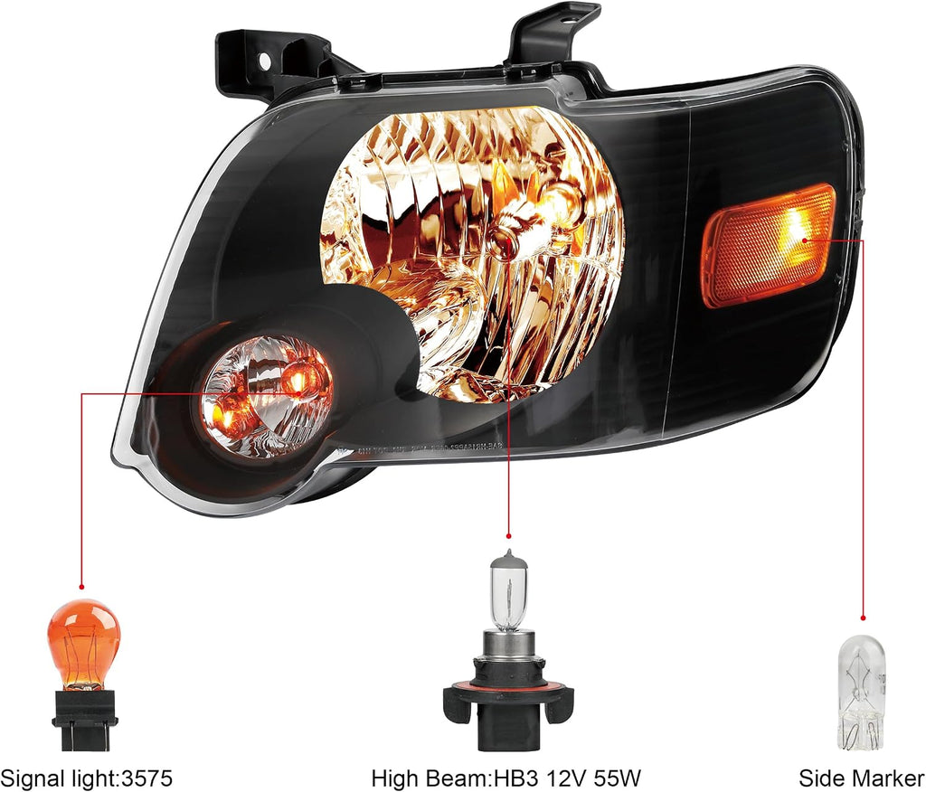 Pair Black Headlights Compatible with 2006-2010 Ford Explorer