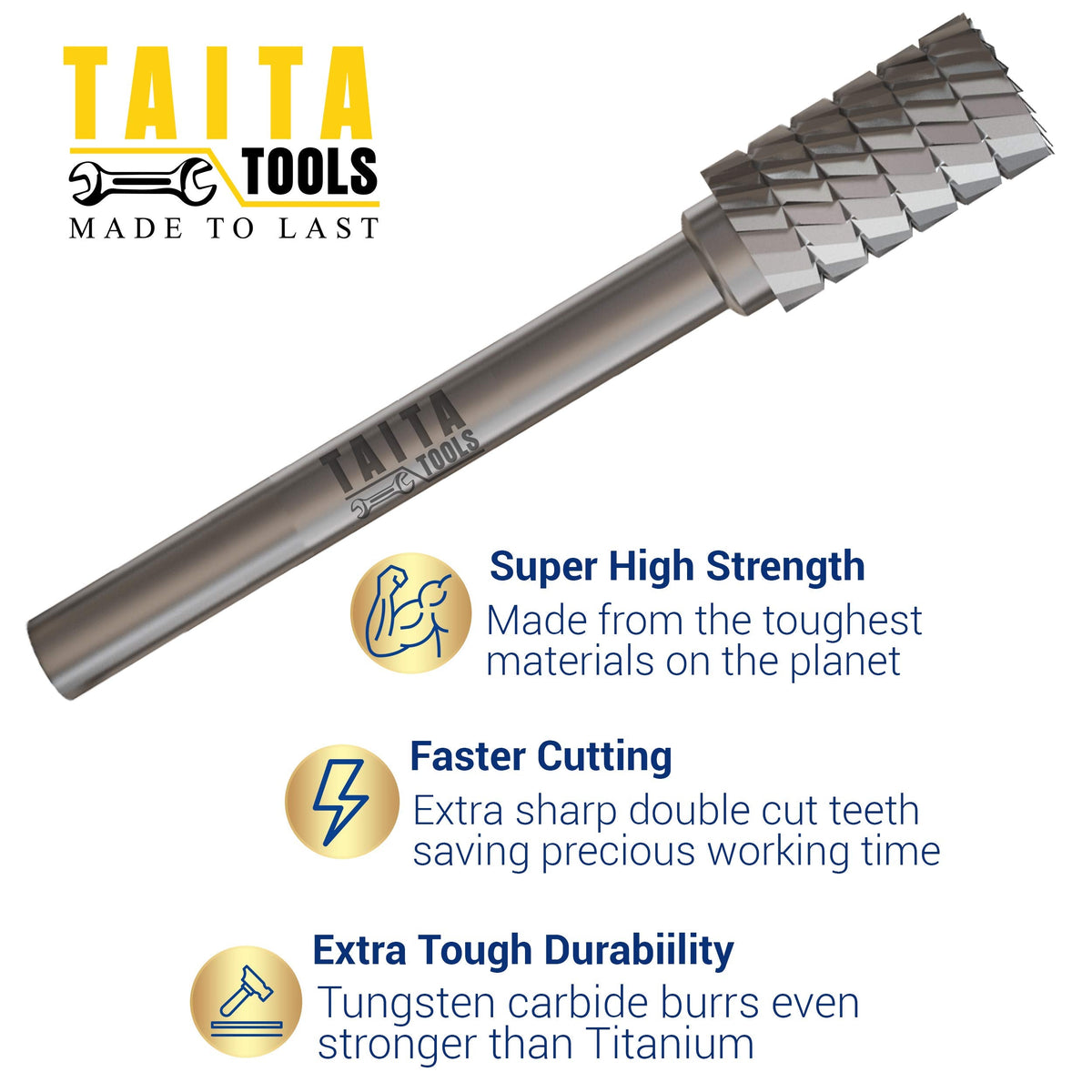 TaitaTools SA-3 Cylindrical Double-Cut Carbide Burr, 1/4 in Shank, 5 Pack