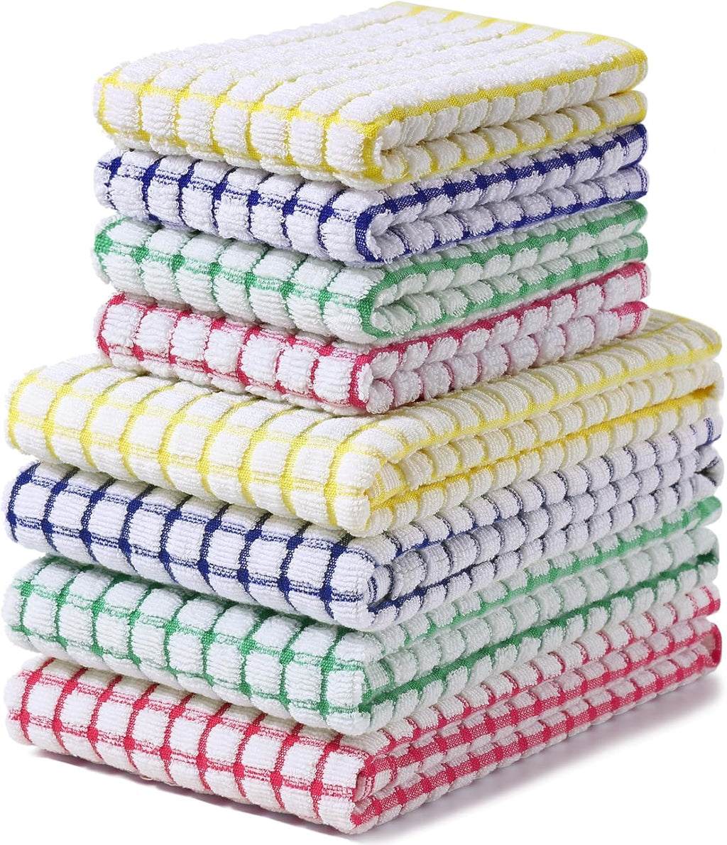 Kitchen Towels and Dishcloths Set, Set of 8, Blue/Yellow/Red/Green | Cotton Terry Kitchen Dish Towels, Super Soft and