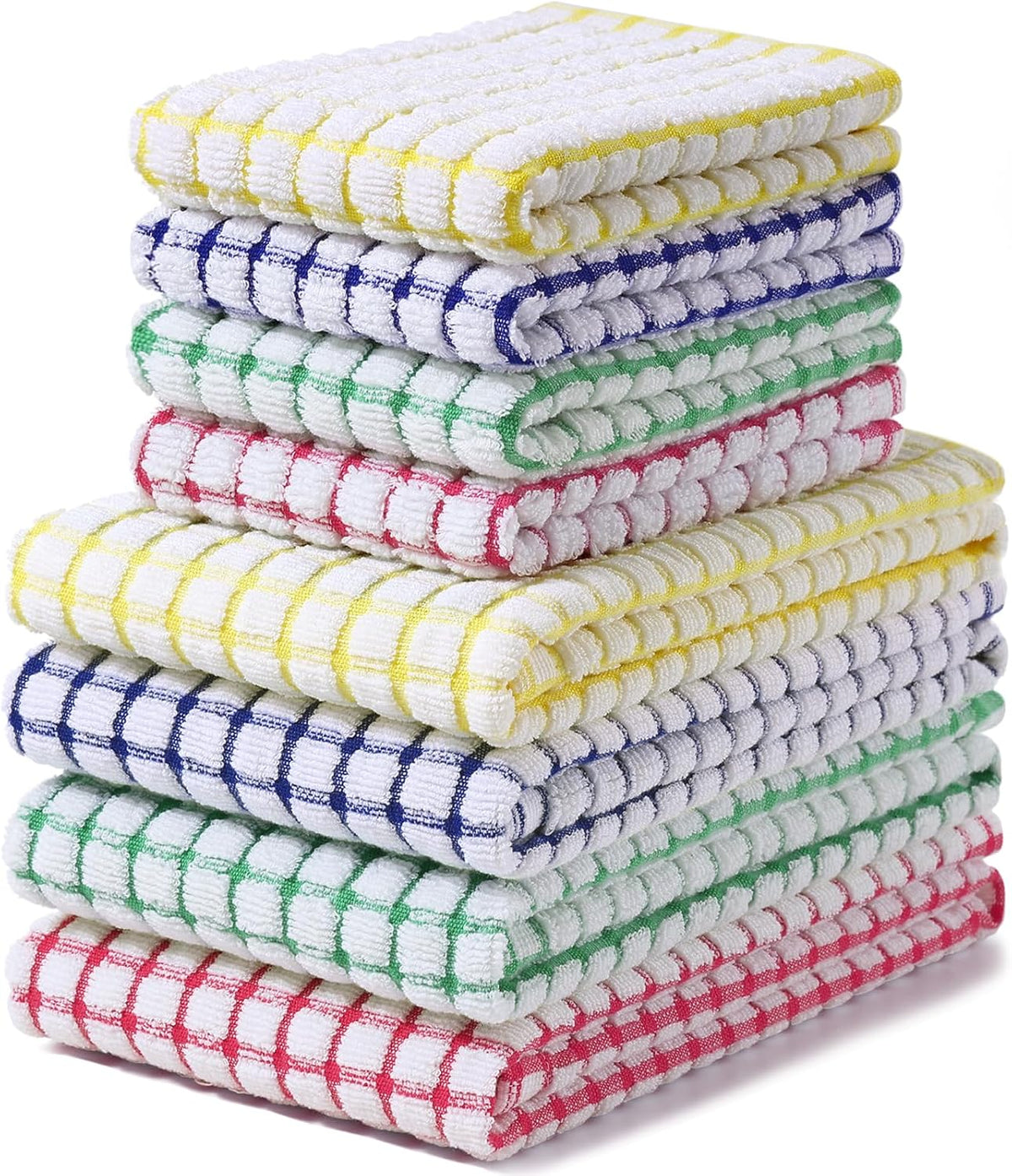 Kitchen Towels and Dishcloths Set, Set of 8, Blue/Yellow/Red/Green | Cotton Terry Kitchen Dish Towels, Super Soft and