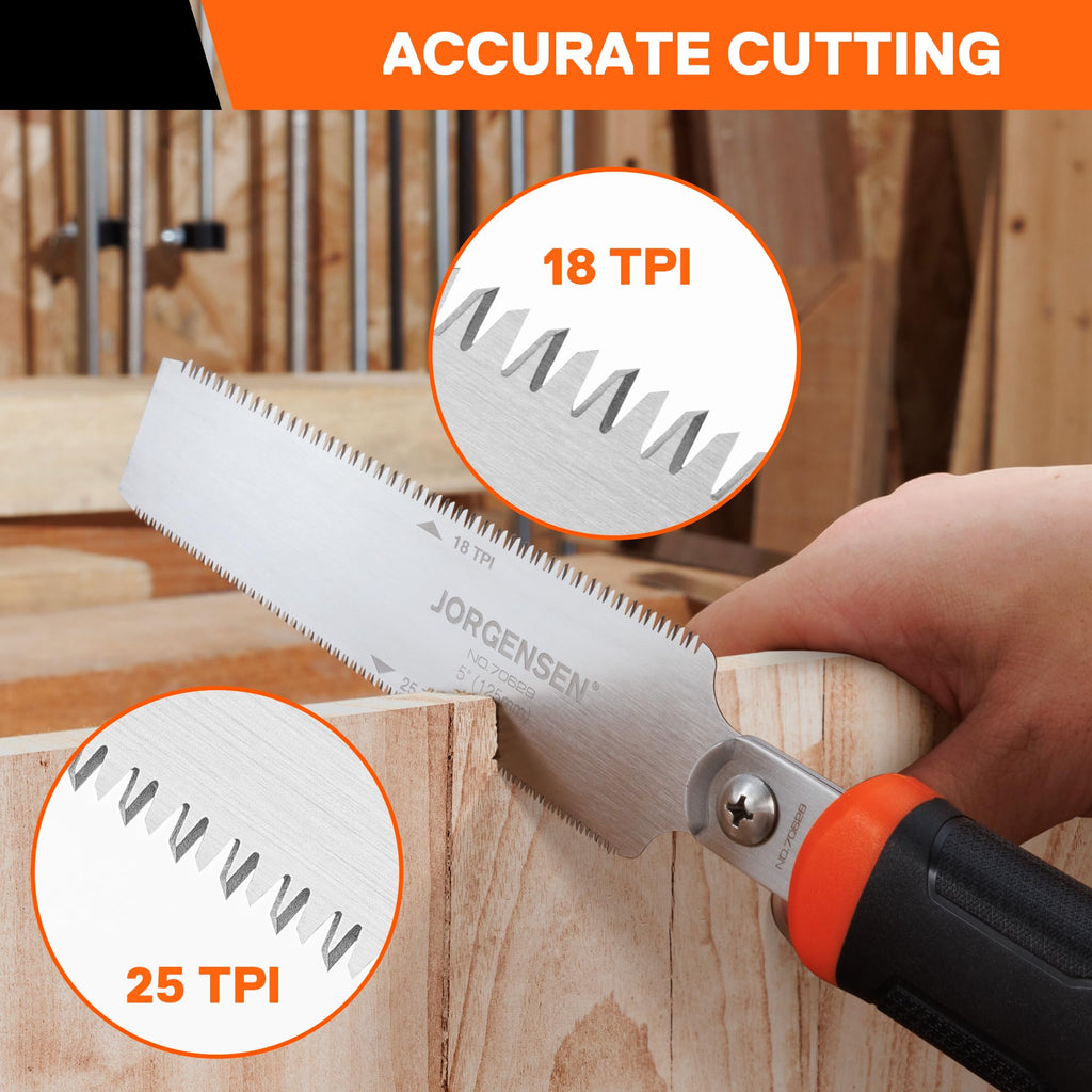 JORGENSEN Japanese Flush Cut Saw, 5 Inch Pro Double Edge Pull Saw, SK5 Flexible Blade Wood Handsaw, 18/25 TPI Blade with Soft Grip Handle for Hardwood & Softwood Woodworking, Wood Trim