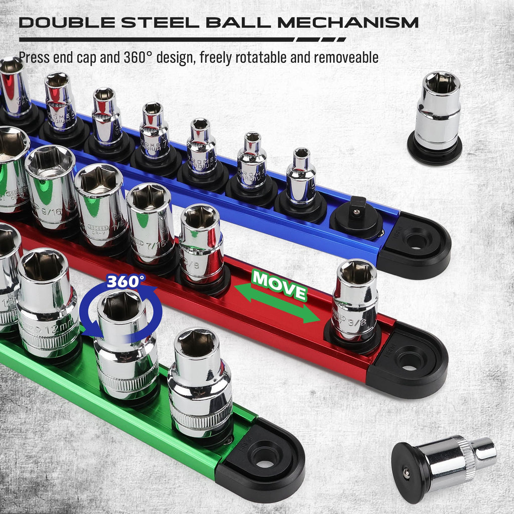 Magnetic Socket Holder Organizer Set: 9-Piece Detachable 1/4, 3/8, 1/2 Socket Trays Socket Organizer for Tool Box