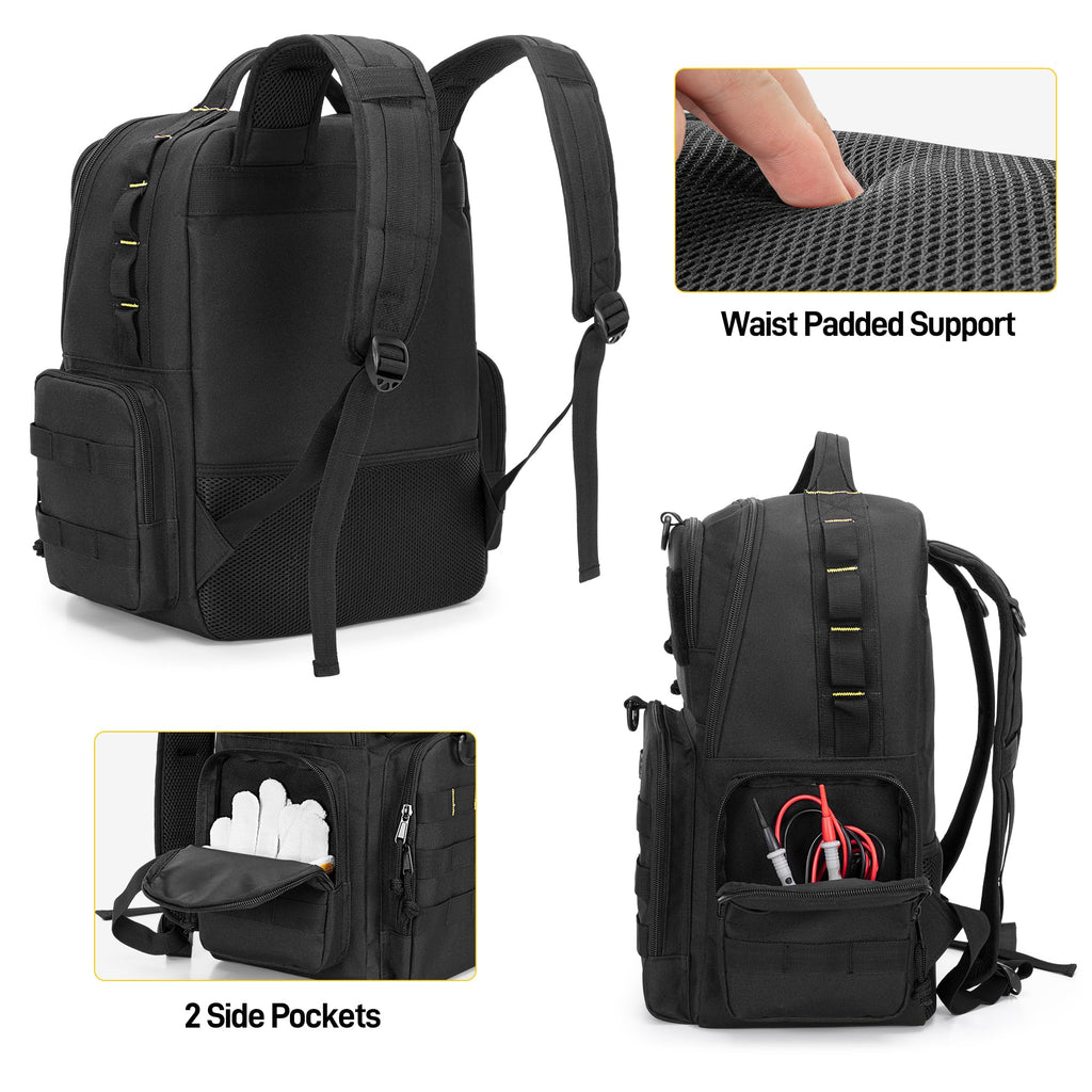 Heavy-Duty Tool Bag Backpack for Men with 3 Tool Pouches, Black