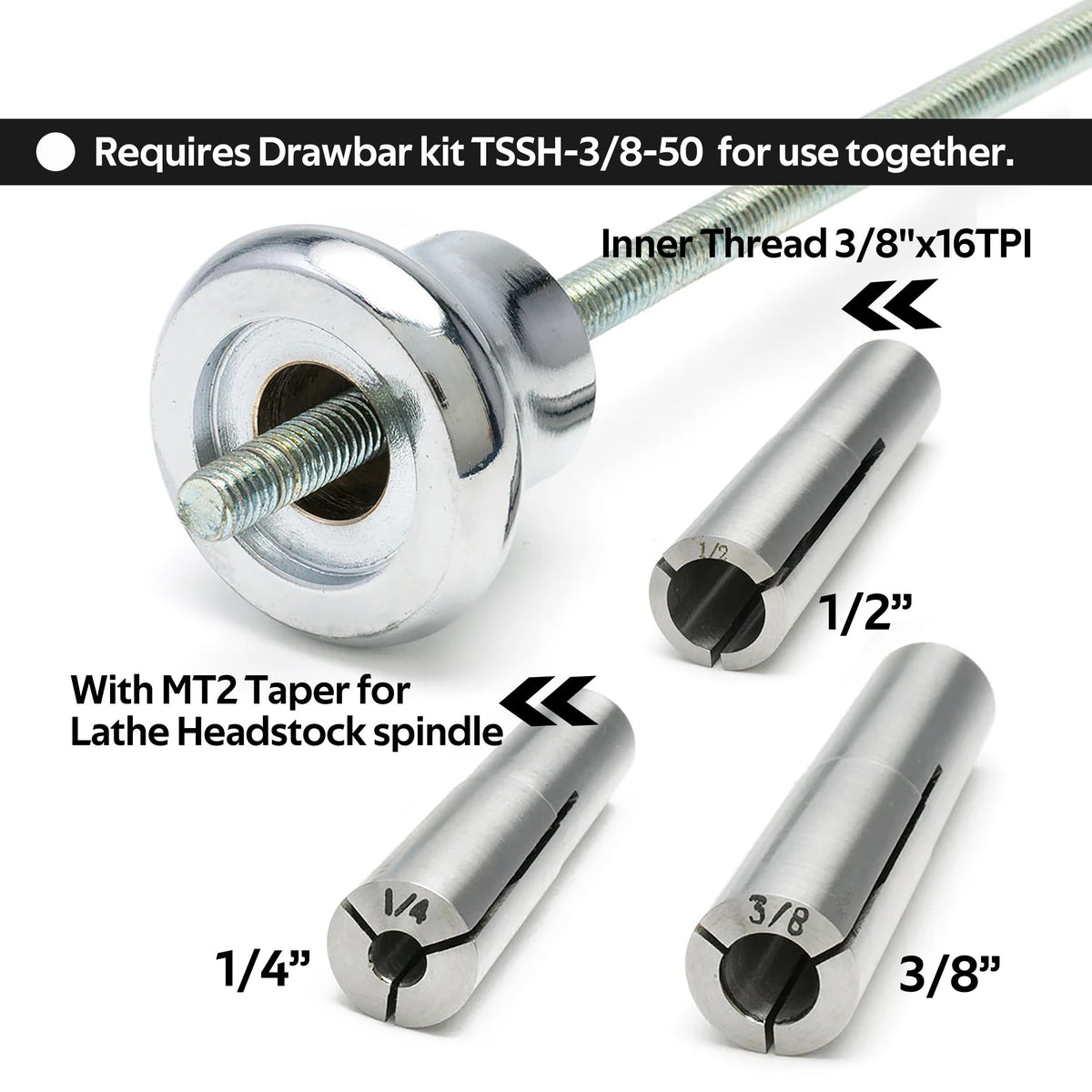 BMWOOD 3 Pcs Set Draw Bar Collet Chuck 1/2", 3/8", 1/4", MT2 Taper, with Inner Thread 3/8 "x16TPI for Woodturning Wood Lathe.
