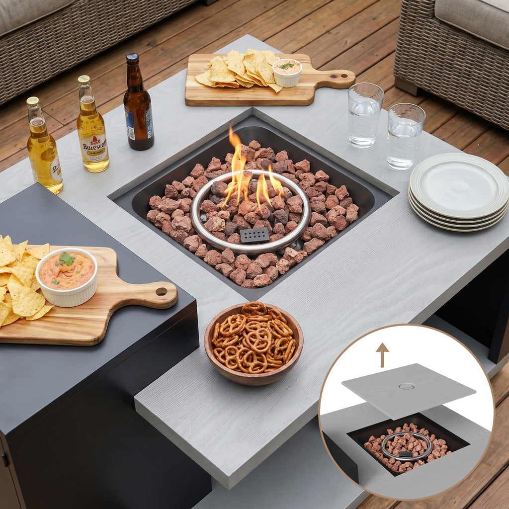 Rectangular Outdoor Fire Table with Propane Tank Cabinet, 50000BTU Aluminum Alloy Fire Pit Table for Patio Grey &