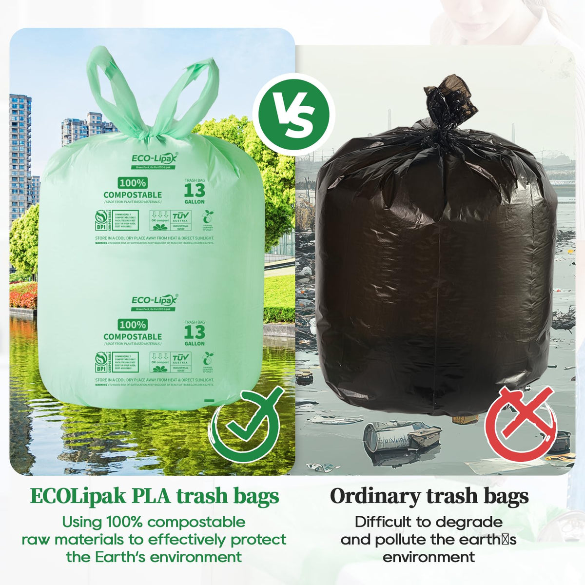 13 Gallon 100 Count Compostable Kitchen Trash Bags with Handles