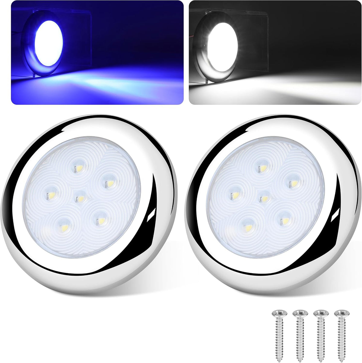 RVZONE 3" White & Blue Dual‑Color Boat Courtesy Lights, 2‑Pack IP68