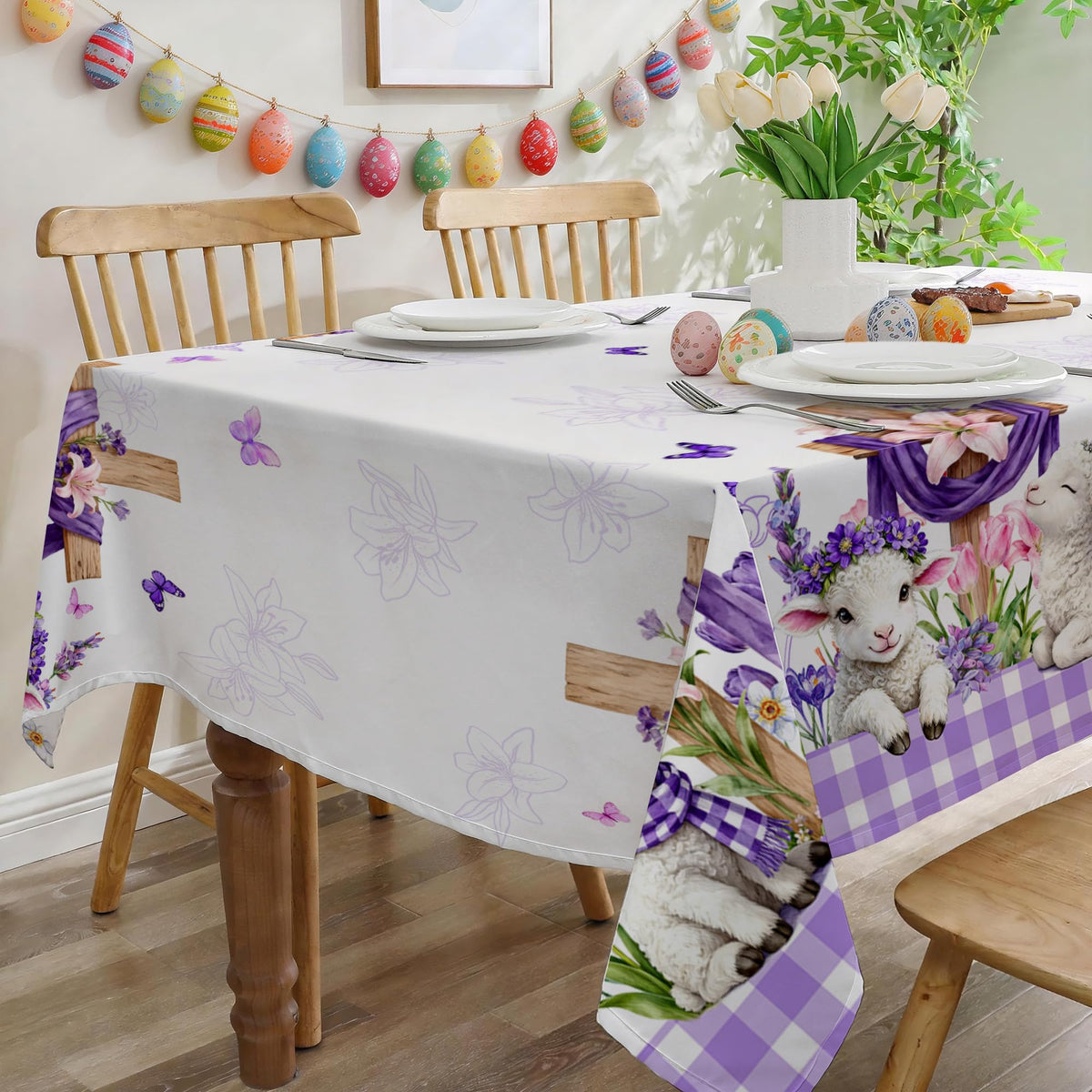Easter Tablecloth 60x84 Inch Rectangle - Cross and Lamb Easter Decorations for The Home - Purple Plaid Floral Table