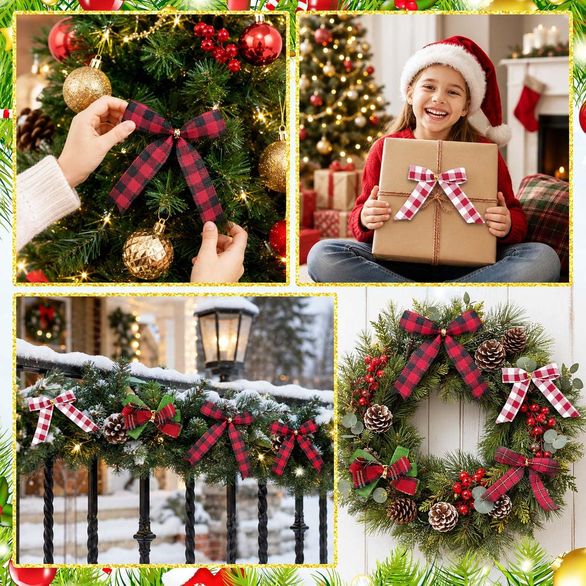 10 Rolls Christmas Wired Ribbon, 1 Inch x 50 Yards Plaid Burlap Ribbon Assortment, Red Green Holiday Ribbon for Tree