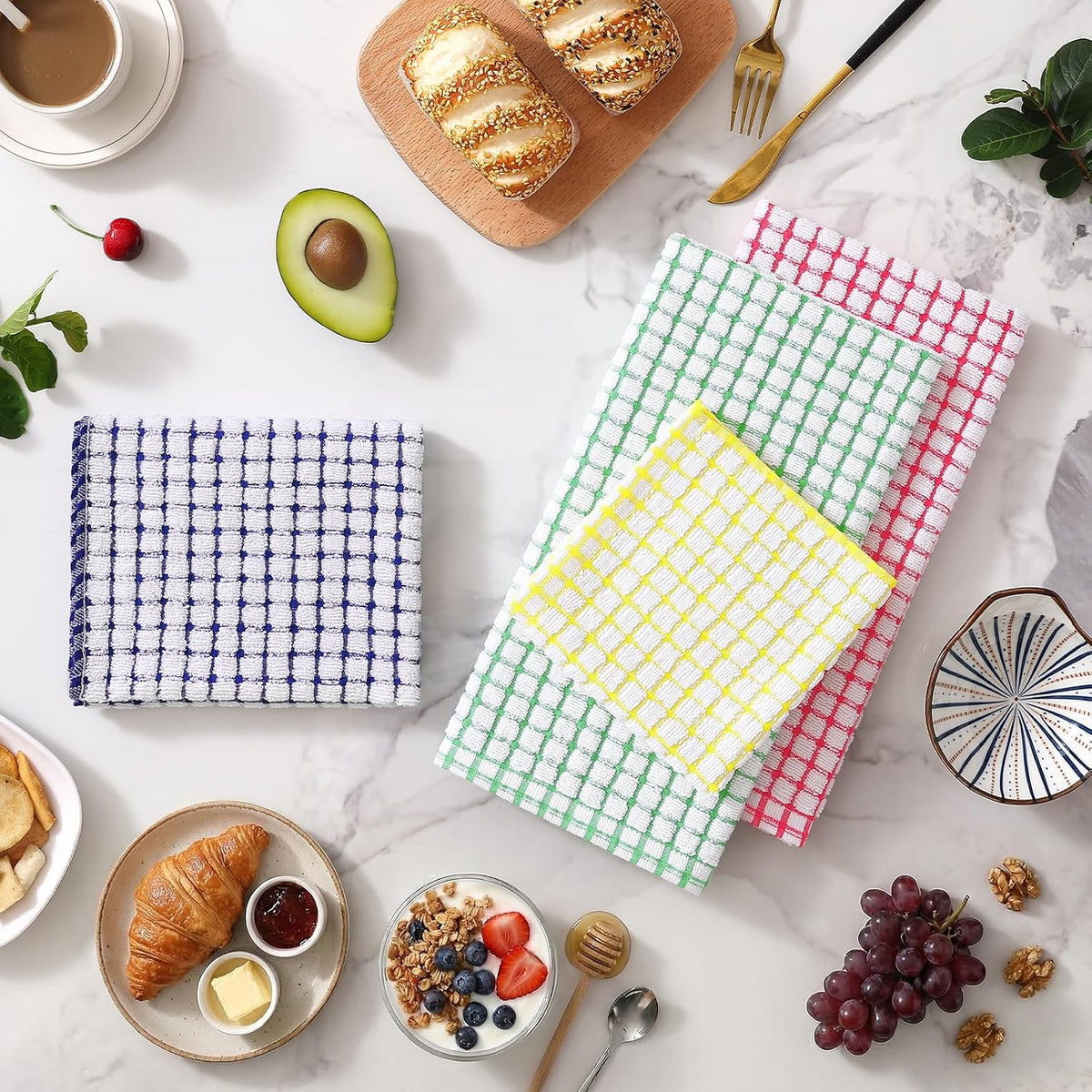 Kitchen Towels and Dishcloths Set, Set of 8, Blue/Yellow/Red/Green | Cotton Terry Kitchen Dish Towels, Super Soft and