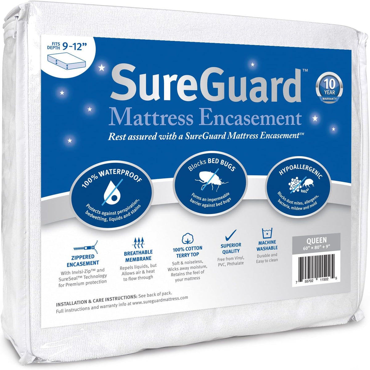 Queen (9-12" Deep) Zippered Mattress Protector Encasement | Six-Sided Waterproof, Bed Bug Proof, Hypoallergenic Dust