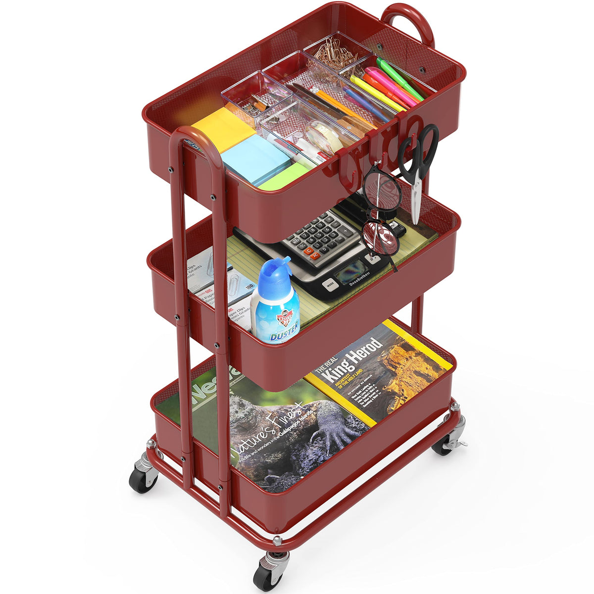 3-Tier Heavy Duty Metal Utility Rolling Cart, Red