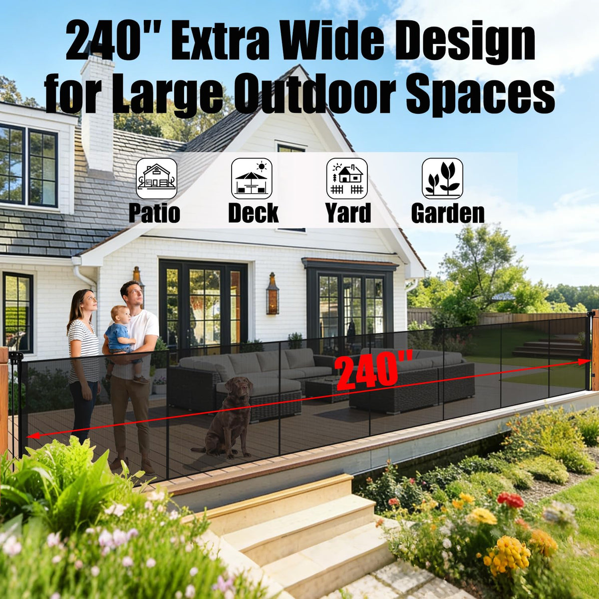 240" x 41" Extra-Wide Retractable Indoor Mesh Pet & Child Safety Gate with One-Hand Safety Lock for Wide Openings, Patios & Stairways