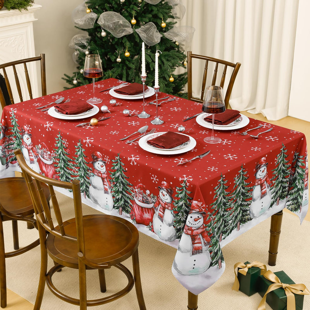 Red Christmas Tablecloth with Snowman, 60 x 84 Inch Rectangle