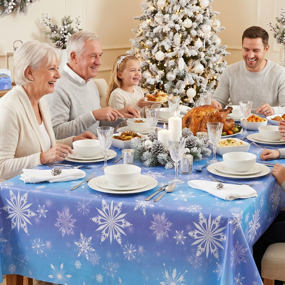 100FT x 54IN Snowflake Plastic Tablecloth Roll with Slide Cutter Box