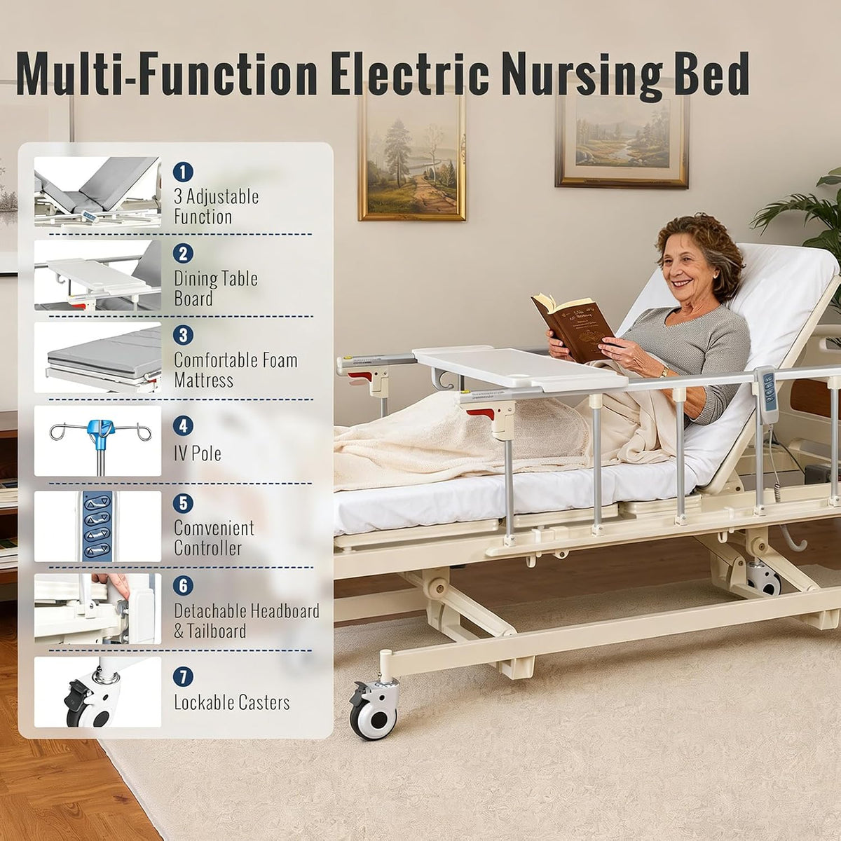 Electric Hospital Bed, 4 Function ICU Medical Bed with Waterproof Foam Mattress, Adjustable IV Pole, Dining Bord