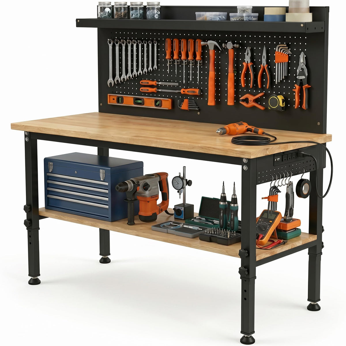 60'' Adjustable Workbench, Shelf & Pegboard, 2000 LBS Load, Rubber Wood Top