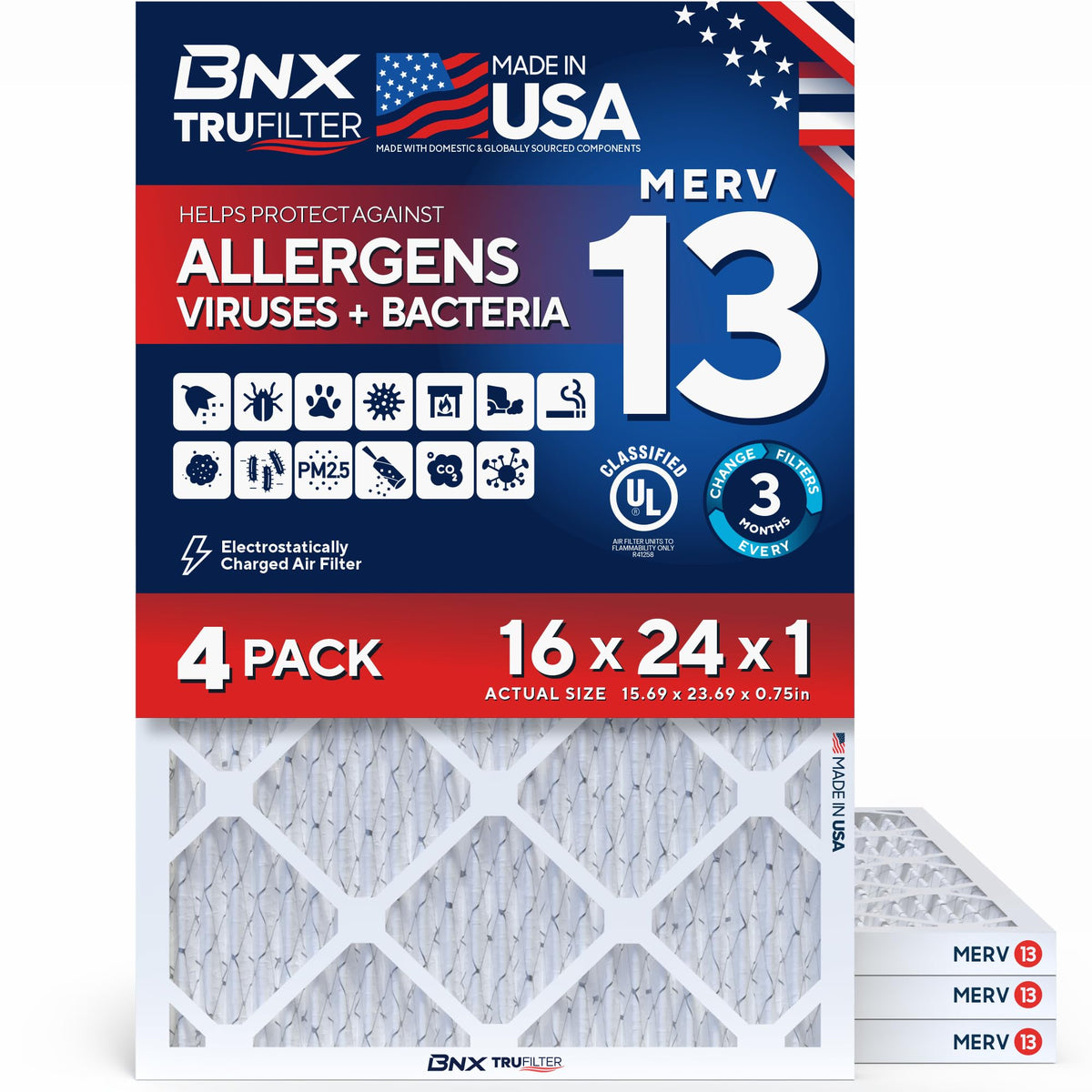TruFilter 16x24x1 Air Filter MERV 13 AC Filter, HVAC Furnace Filter, 4 Pack (ACTUAL SIZE 15.69"x23.69"x0.75")