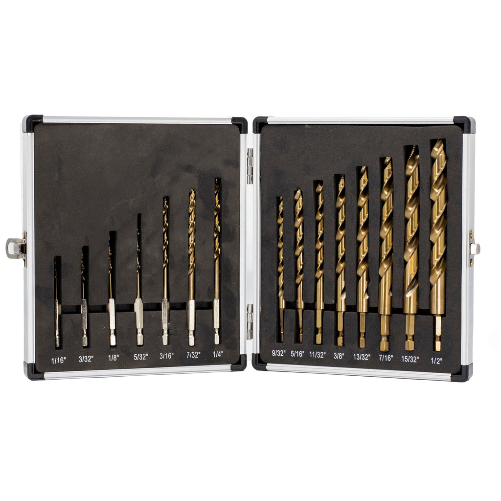 Drill America 15 Piece Cobalt Stepped Point Drill Bit Set with Quick Change Hex Shank (1/16" - 1/2" x 1/32")