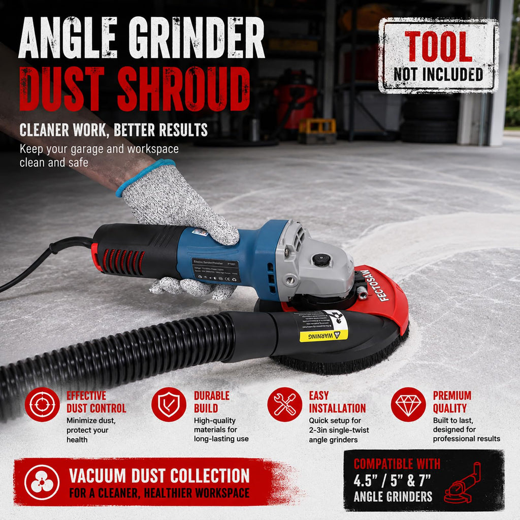 FectoSaw Universal Angle Grinder Dust Shroud for Concrete Grinding, Fits 4.5–5 & 7 Inch Grinders, Vacuum Dust Collection Cover (No Wheel) (5-inch Dust Shroud)