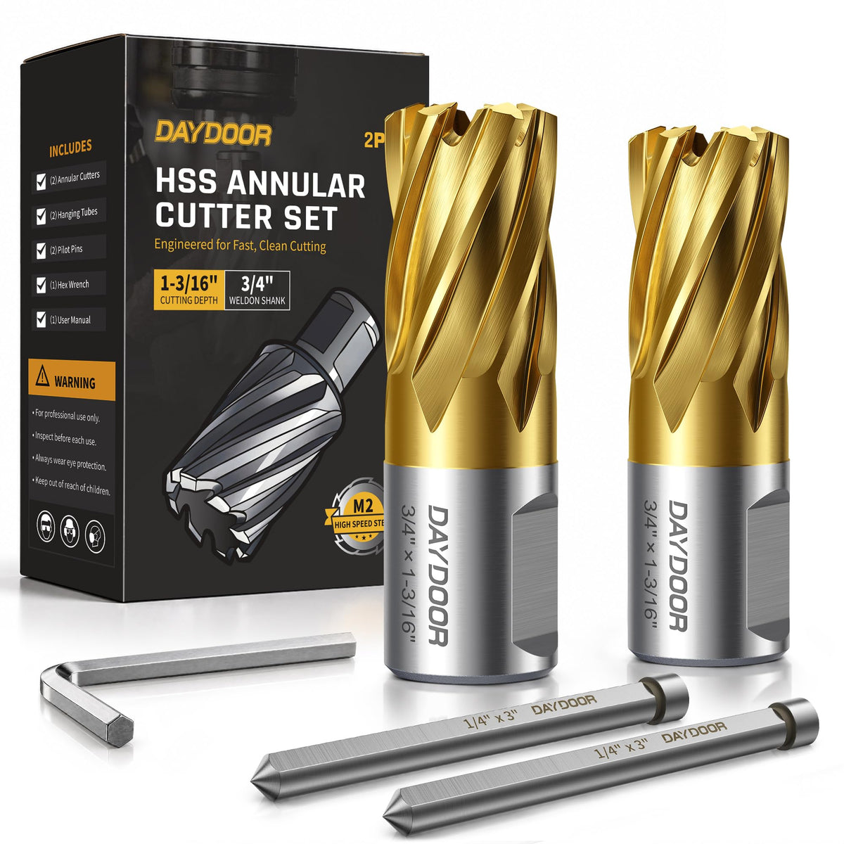 DAYDOOR 3/4'' HSS Annular Cutter, TiN Coated, 1-3/16'' Cutting Depth, 2pcs