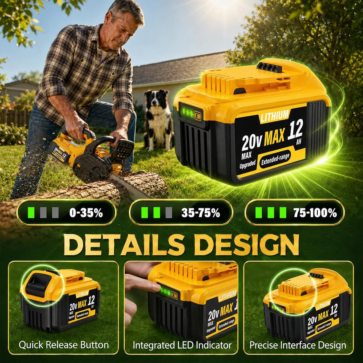 POODIE 6-Pack 12000mAh High Capacity Replacement for Dewalt 20V Max Battery Compatible with DCB200 DCB201 DCB203 DCB204 DCB205 DCB206 DCB207 for DeWalt 20V Cordless Power Tools with LED Indicator