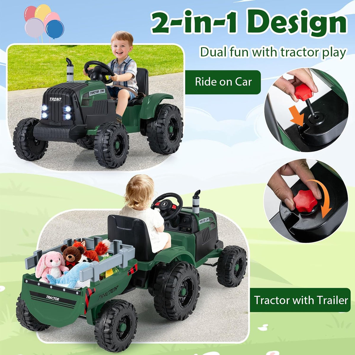 24V Ride on Tractor with Detachable Trailer, Kids' Electric Vehicles with 3 Speeds, 15° Climbing, Wireless Design
