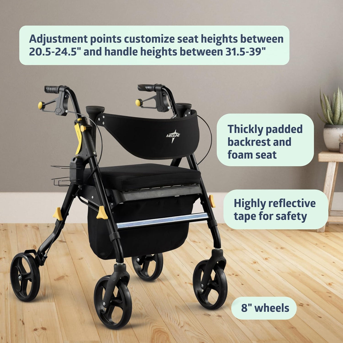 Medline Premium Empower Folding Mobility Rollator Walker with Memory Foam Seat, Black, 300 lb. Weight Capacity, 8” Wheels, Cupholder,Rolling Walker for Mobility Impairment, Adjustable Handles