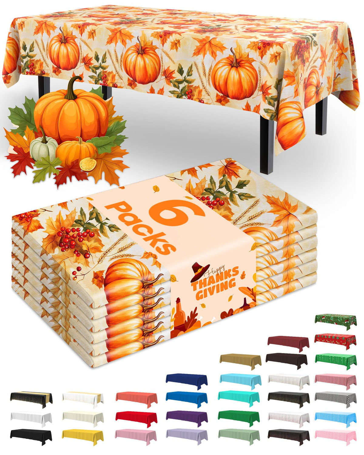 Thanksgiving Tablecloths 6 Pack, 54 x 108 Inch, Pumpkin Harvest
