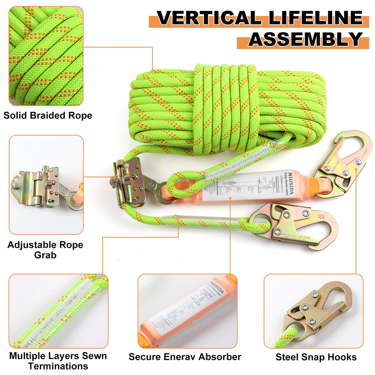 Rope Harness Safety Lanyard 100FT Fall Protection Vertical Roofing Rope