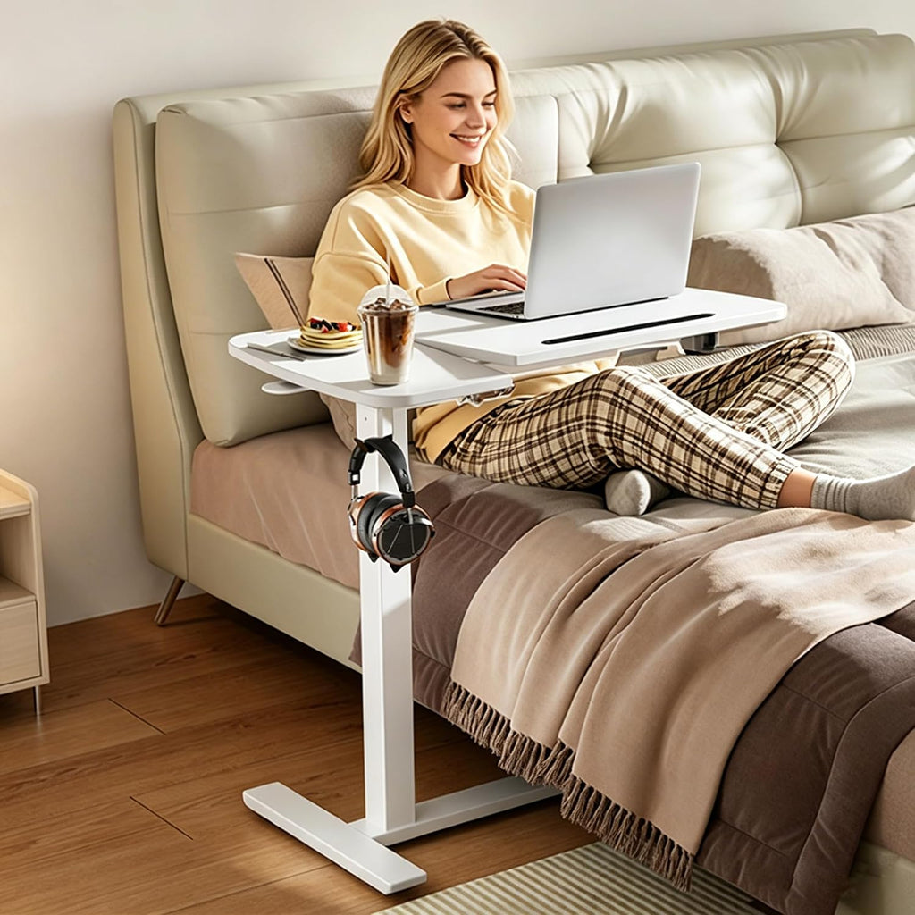 Overbed Table with Wheels, Pneumatic Height and Tilting Desktop