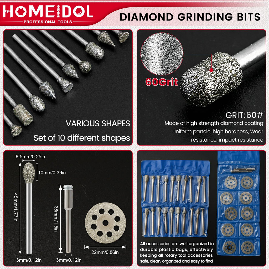 32Pcs 60Grit Diamond Burr Bits for Dremel Bits 1/8" Shank Cutting Wheel